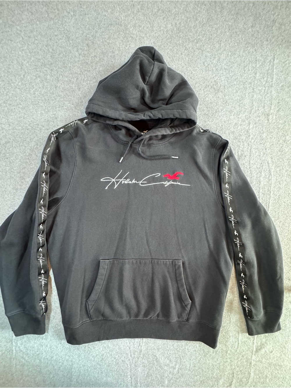 Hollister Black Hoodie with White Script and Red Seagull